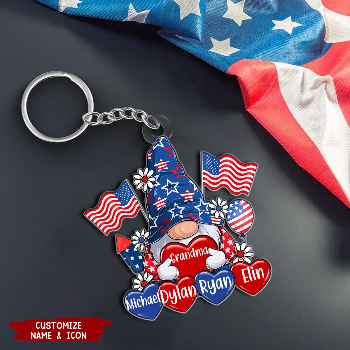 American Dwarf Grandma Mom Heart, 4th Of July Personalized Acrylic Keychain